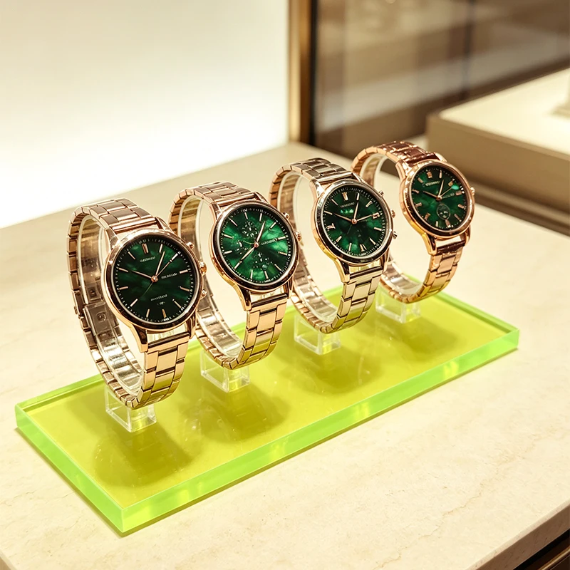 Four-Compartment Watch Display Stand, Fluorescent Green Base Acrylic Watch Stand, Jewelry Store Watch Display and Storage Photography Prop, Transparent C-Ring Watch Display Stand, Fluorescent Green Base 4-Slot Acrylic Watch Stand, Universal Watch and Bracelet Display Holder