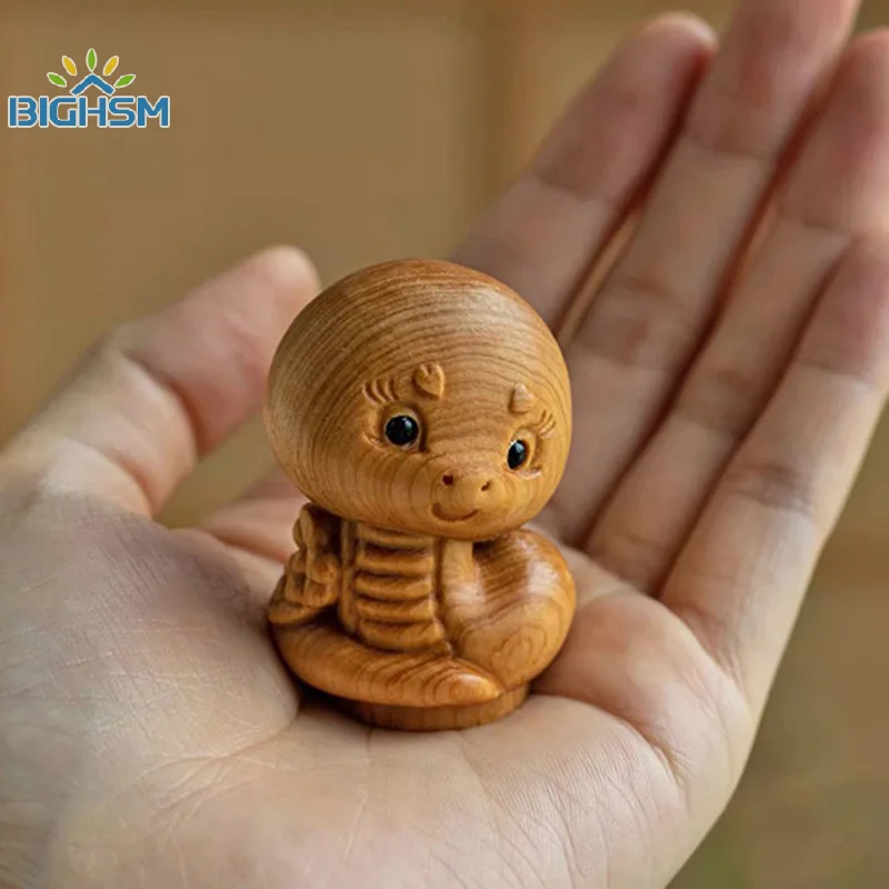 Mini Wood Carving Chinese New Year Snake Ornaments Zodiac Statue Cute Snake Animal Decor Office Desktop Decor Car Decoration