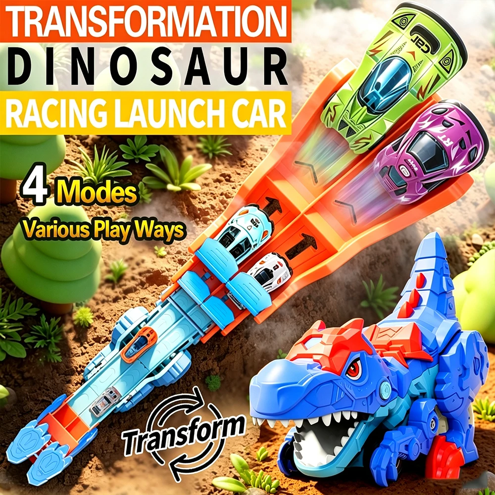 ransformable Dinosaur Race Track Toy, 4 Modes T-Rex Car Launcher Playset with 6 Alloy Mini Race Cars, Inertia Powered Dual Track