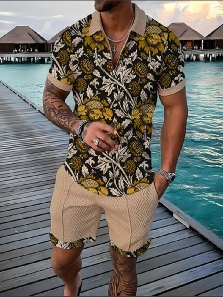 

Men's Sports T-shirt set, Casual Mesh Lapel short-sleeved Pullover Top + Shorts 2-piece set, Sports Floral Shirt Set 2-piece Set