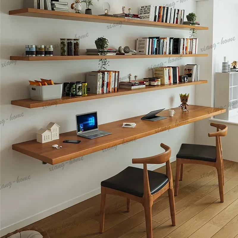 YJ Nordic Solid Wood Desk with Bookshelf Modern Design Floating Wall Mounted Computer Desk Bedroom Study Furniture مكتب عائم FYF