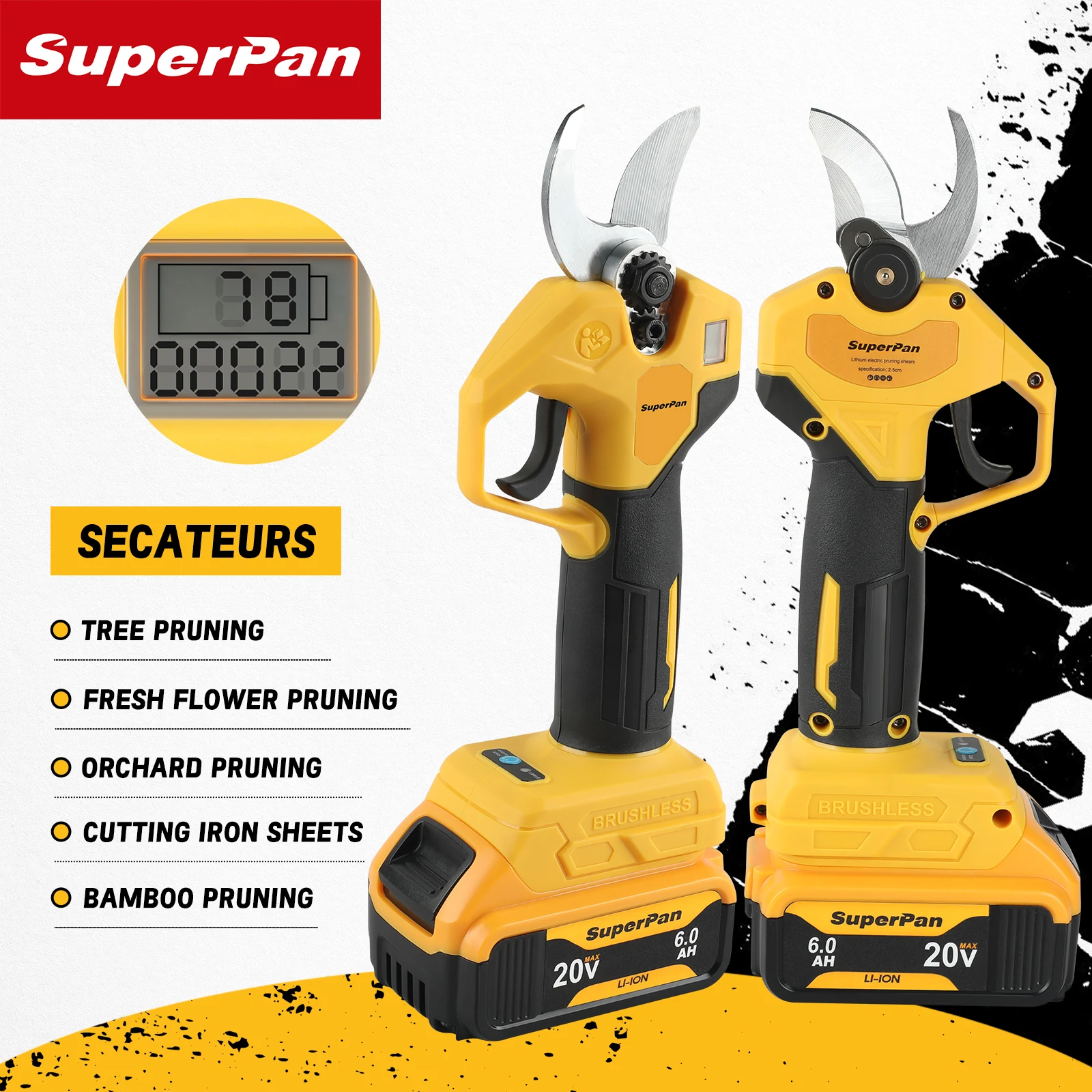 

2.5cm High Cut Capacity | SuperPan 20V Brushless Cordless Electric Scissors Pruning Shears, 120 Cuts/Min Effort-Saving