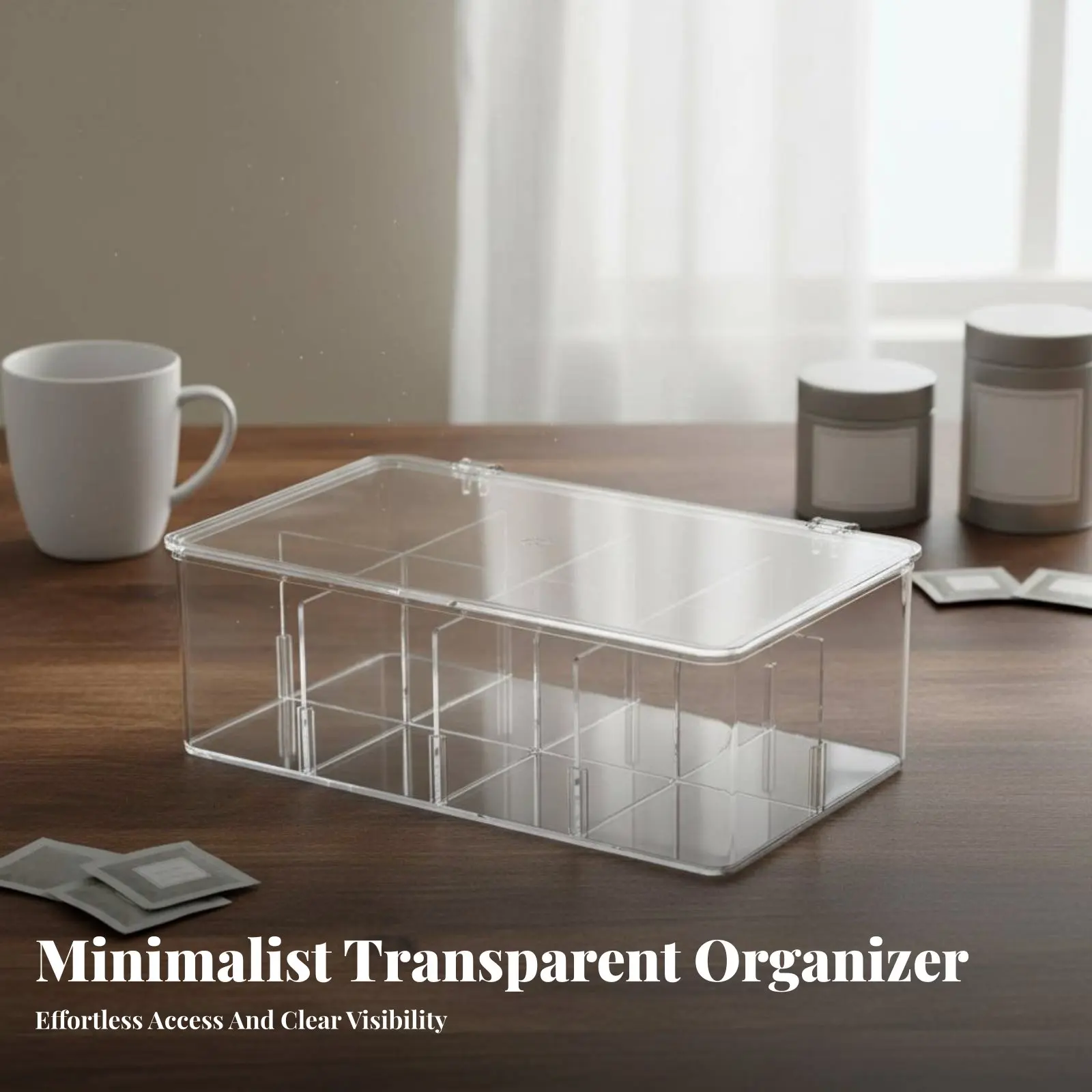 Acrylic Makeup Organizer Multi-Functional 8-Compartment Tea Holder Tea Pouch Organizer Space Saving Clear Storage Box with Lid