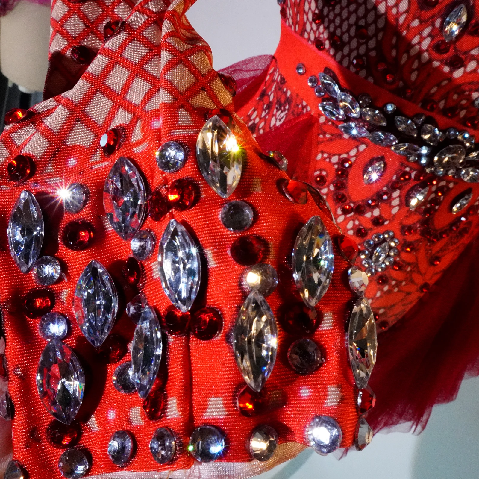 Fashion Rhinestone Red Ruffle Bodysuit Women Big Stretch Nightclub Prom Bar Concert costume Stage Singer Show Dance Leotard DS