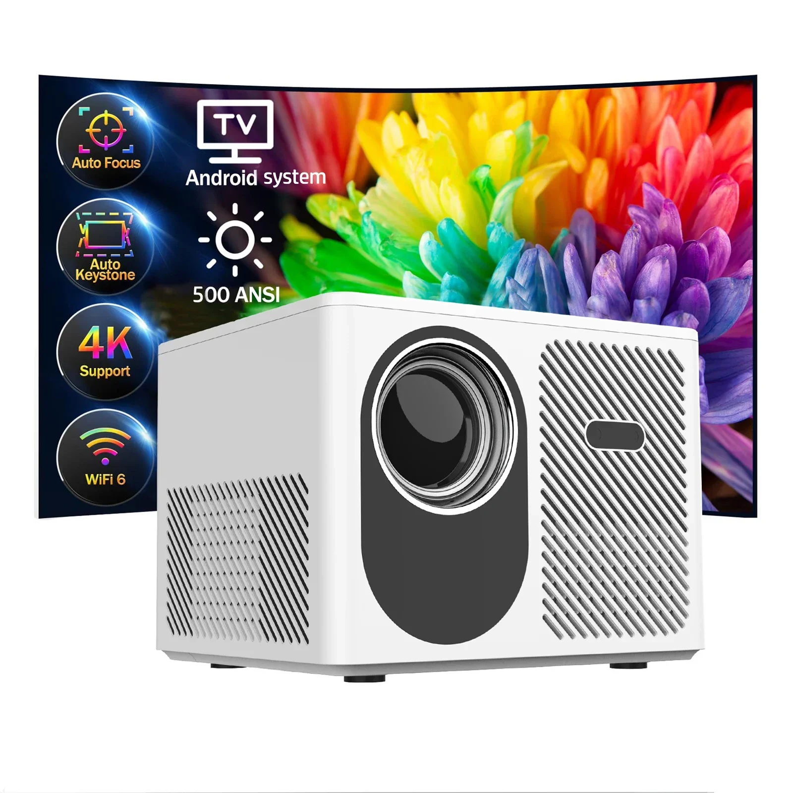 Auto Focus Smart Projector with WiFi 6 500 ANSI Native 1080P Outdoor Movie Portable Android Projector