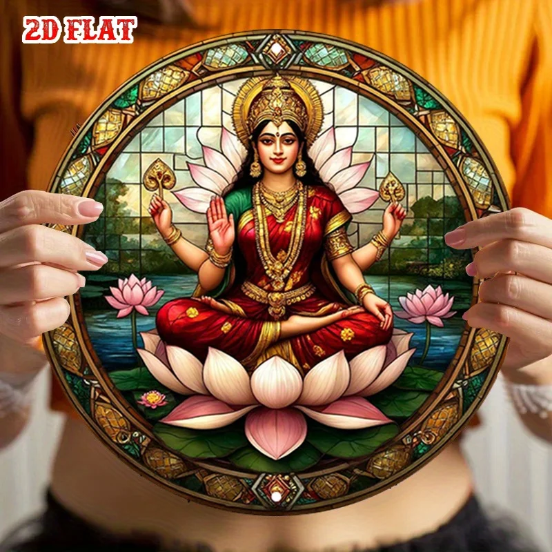 Hindu Goddess Lakshmi & for Lotus Metal Wall Art - Round Aluminum Sign with Stained- Style Border, Indian Motif Spiritual Decor