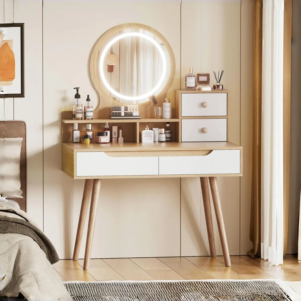 طاولة زينة مع مرآة وإضاءة، طاولة زينة مع 3 مرايا مضيئة قابلة للتعديل، 4 أدراج، 3 أرفف مفتوحة