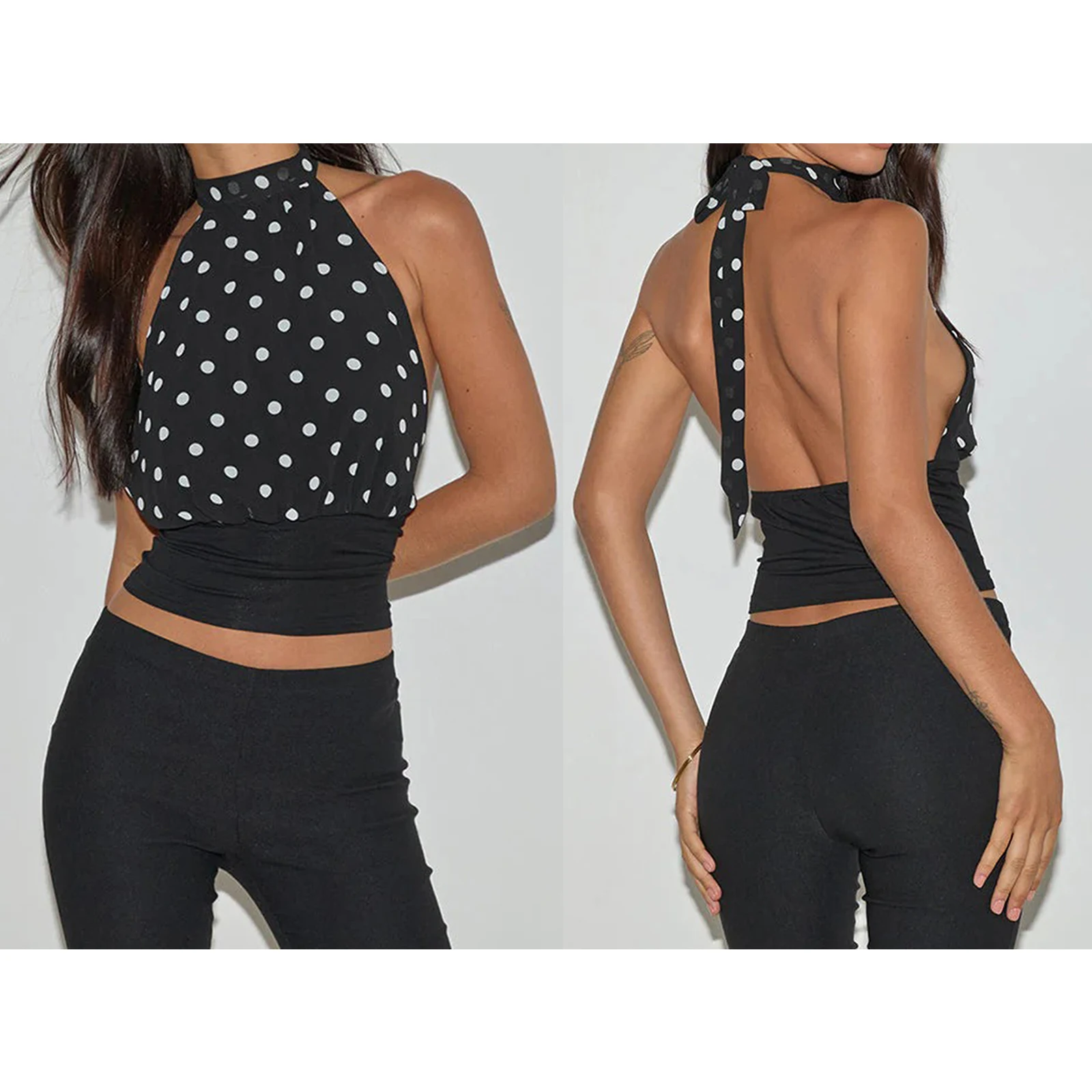 

Combhasaki Women Summer Lace-up Halter Choker Neck Camisole Sleeveless Open Back Trendy Dot Print Patchwork Crop Tank Top Vest