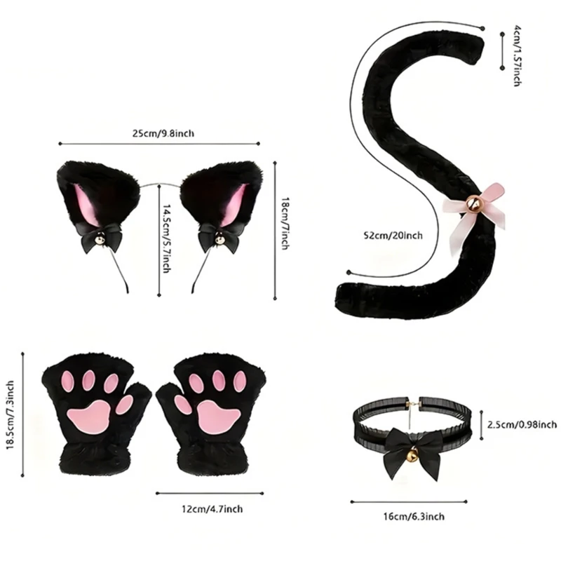 할로윈 고양이 코스프레 의상, 목걸이, 머리 후프, 꼬리, 장갑, 고양이는 키드 소녀 코스프레 파티를위한 액세서리를 차려 입습니다.