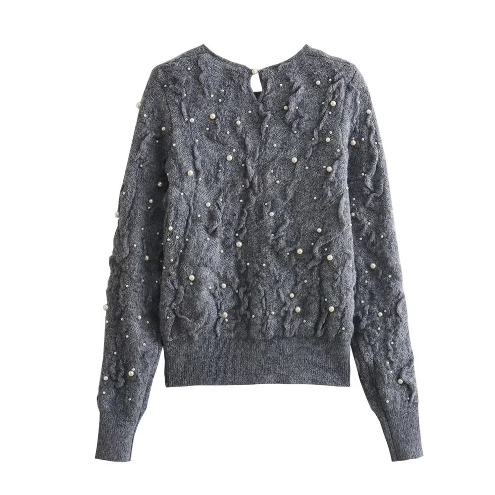 European and American Style Women\'s Spring New 2024 Fashionable and Sweet Artificial Pearl Embellished Texture Knitted Sweater