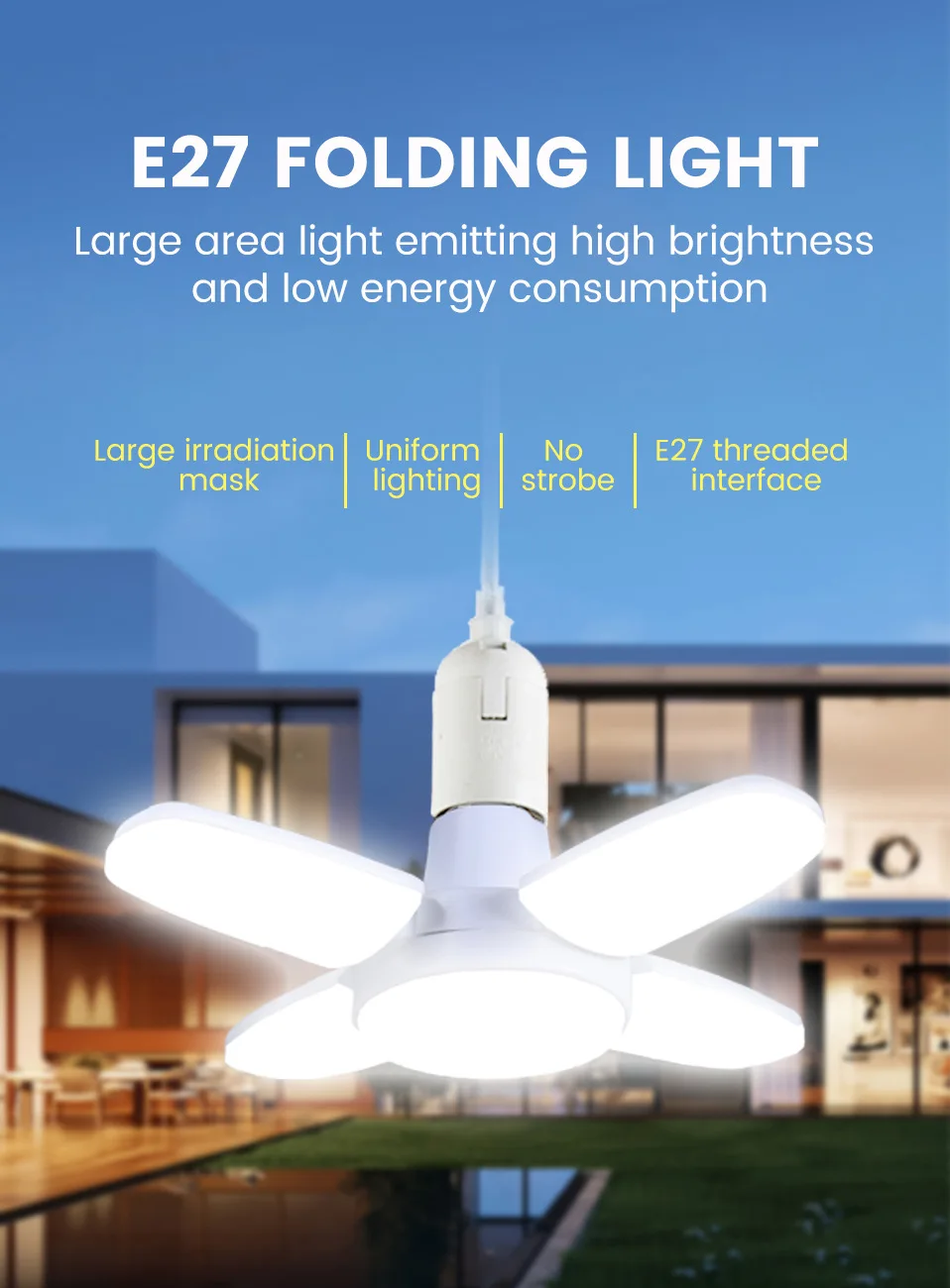 

LED Mini Three-Leaf Bulb Garage Light Household Deformation Folding LED Lamp Wide Pressure E27 Screw Four-Leaf 4+1 Leaf Lamp 28W