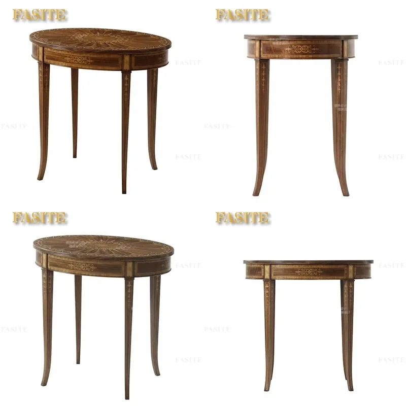 For European Style Carved Solid Wood Side Table Neoclassical Hand Painted Small Round Coffee Table Living Room Furniture