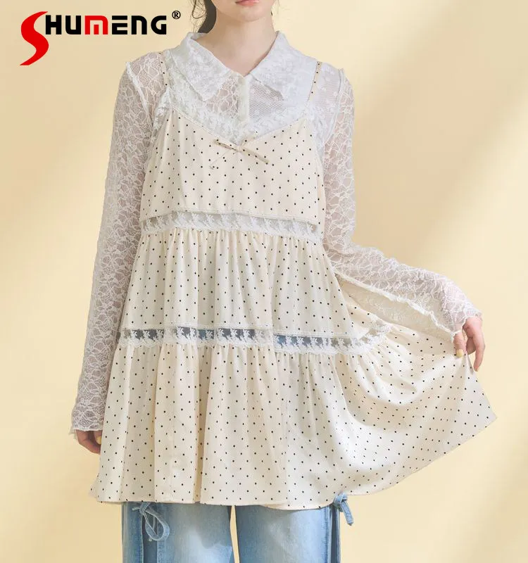 

Japanese Style Sweet Cute Polka Dot Print Suspender Dress 2026 Summer New Lace Splicing Short Dress for Women Casual Clothing
