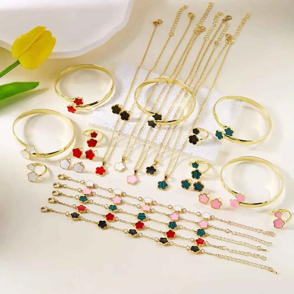 5 Pcs Set Jewelry Stainless Steel Five Leaf Clover 316L Bracelets For Women Elegance French Niche Necklaces Bracelets Earrings