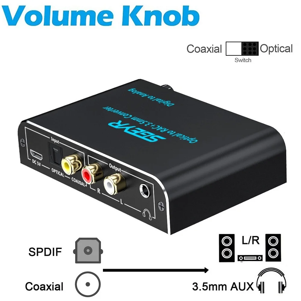 

SGEYR 192KHz Audio Converter,Digital to Analog Converter Coaxial Toslink to RCA 3.5mm Converter with Volume Control