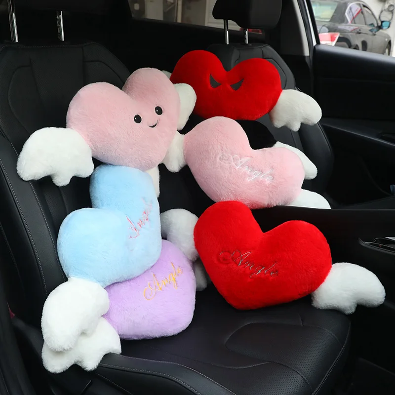 Cute Heart Angel Wings Car Neck Pillow Soft Plush Auto Headrest Pillow Universal Car Seat Head Support Cushion Decor Gift