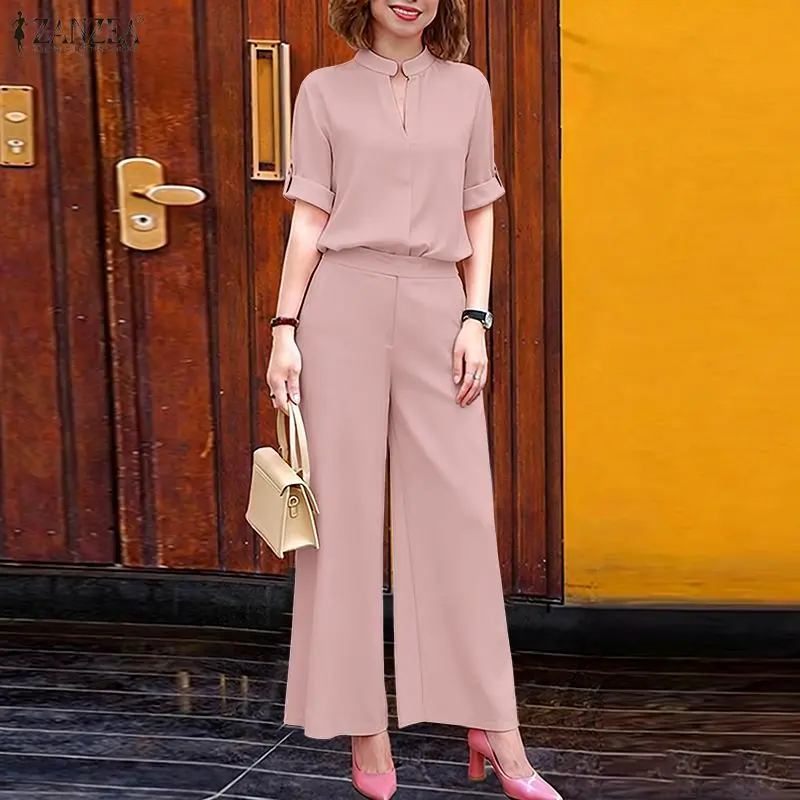 

2026 ZANZEA Summer Elegant Short Sleeve Blouse Wide Leg Pant Sets Fashion Women Outfits Solid 2 Piece Sets Casual OL Work Suit