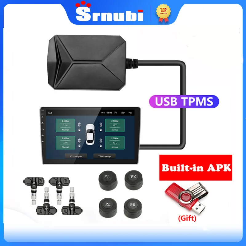 Srnubi USB Android TPMS Car Tire Pressure Alarm Monitor System For vehicle Android player Temperature Warning with four sensors