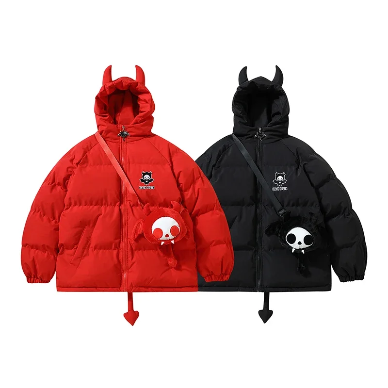 

High Street Harajuku Hooded Parkas Women Men Padded Jacket Winter Loose Thick Warm Coat Cute Devil Tail Wings Unisex Clothes