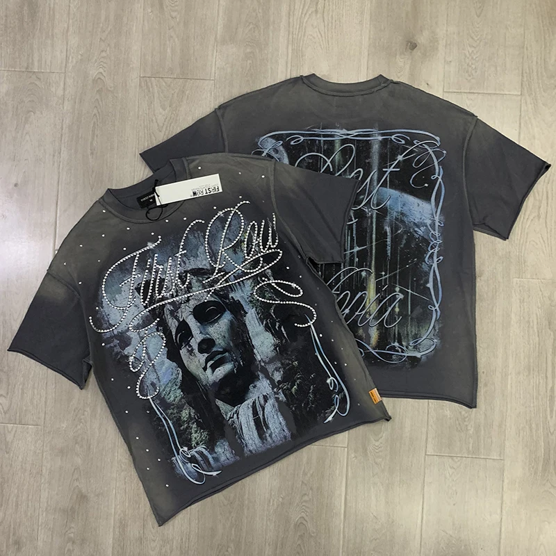FIRST ROW Sports T-shirt Summer  New Retro Hip-hop Style Men Woman Breathable Hot Diamond Short Sleeve Y2K Streetwear