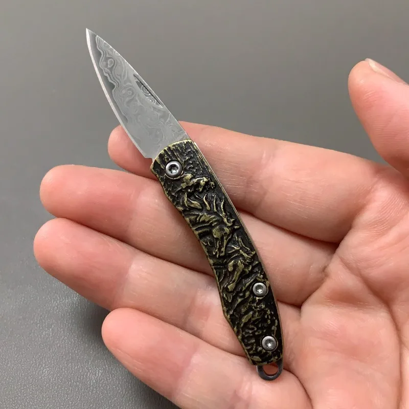 Damascus Pattern Stainless Steel Blade 3D Brass Handle Mini Folding Knife Small Portable Outdoor Camping Keychain For Survival