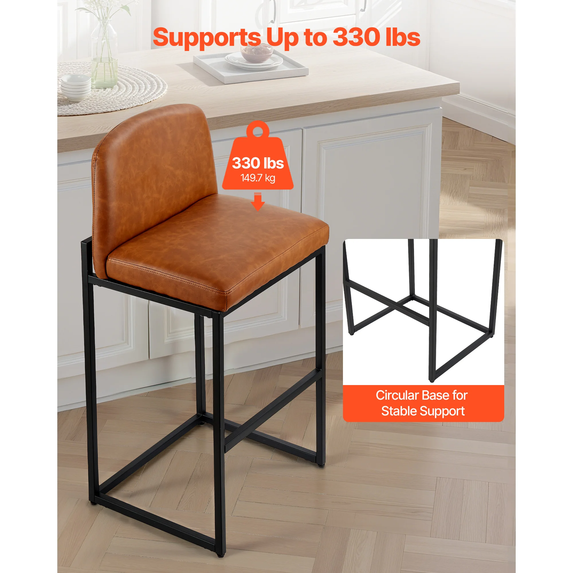 Bar Stool Set of 4, 27 inch Counter Height Stools, Modern PU Leather Counter Barstool with Backrest, Metal Legs, Easy Assembly Armless Bar Chair, Island Barstool for Kitchen, Dining Room, Brown
