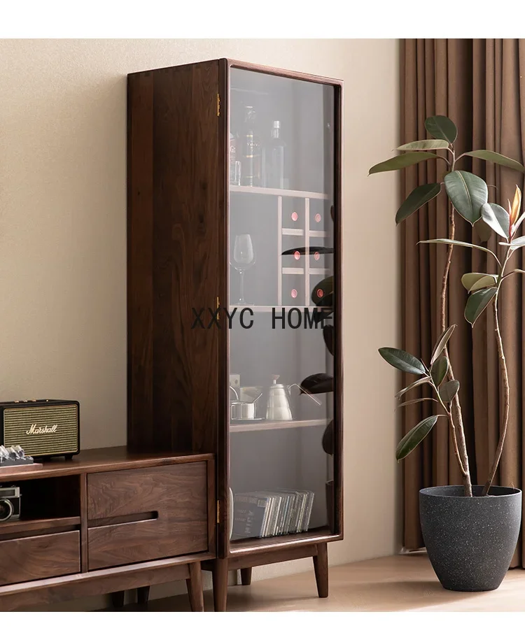 Nordic Black Walnut Wooden Liquor Cabinet Modern Minimalist Solid Wood Living Room Display Cabinet Lockers with Glass Door