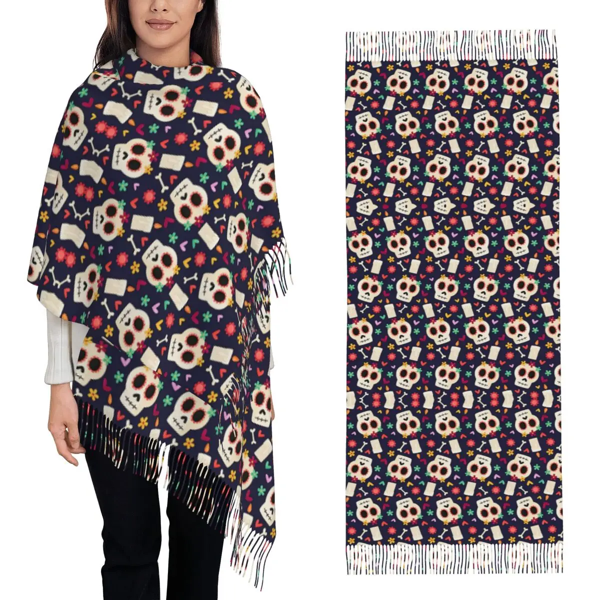 Sugar Skull Mexican Halloween Day Of The Dead Scarf Tassel Scarves for Women Soft Warm Shawls and Large Fall Winter Shawl Wraps