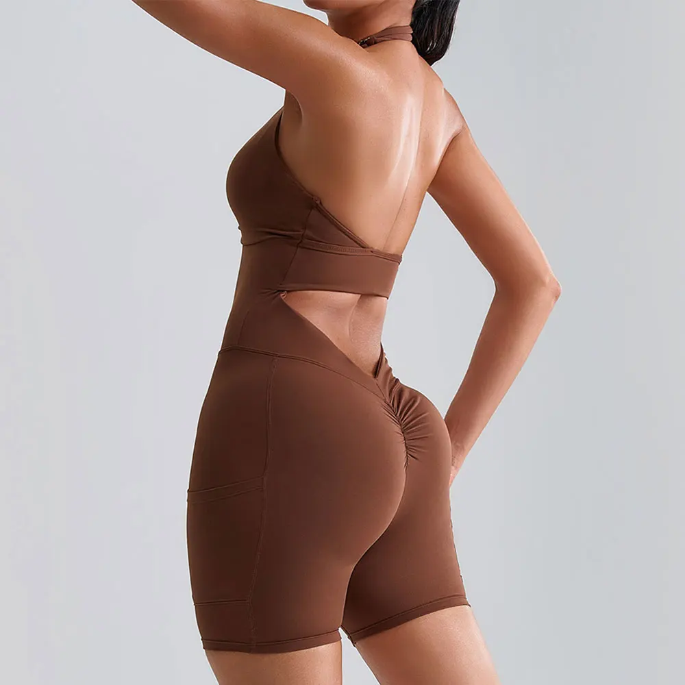 

Sexy Hanging Neck Bodysuits Women Gym Push Up Workout Clothes Sleeveles Backless Scrunch Fitness Sports Yoga One-Piece Shorts