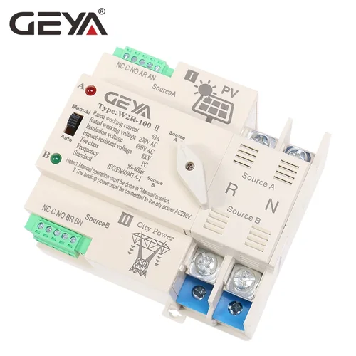 Imagen 2 del producto GEYA-interruptor de transferencia automática de energía Solar en la red, carril Din 2P 3P 4P 63A 100A AC220V ATS, sistema fotovoltaico, alimentación a energía urbana W2R