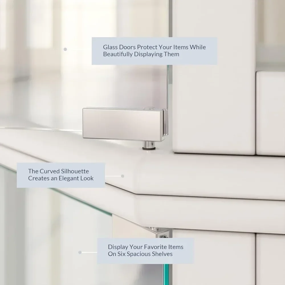 

Lighted 3-Side Glass Display Curio Cabinet with Tempered Glass Doors and Shelves, Curved Wood Corner Cabinet with Bulb, Corner