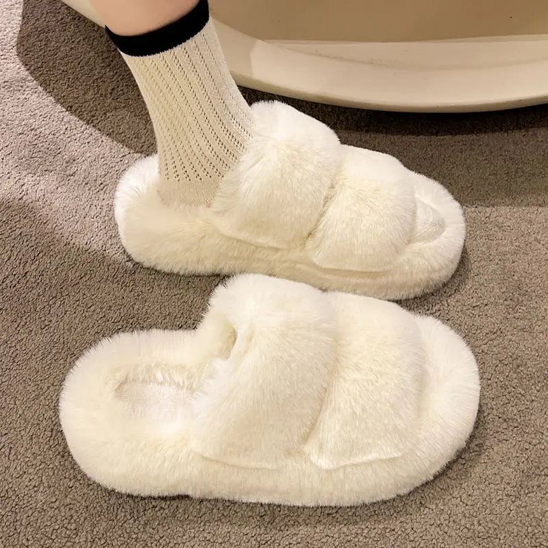 Zapatillas mullidas de invierno para mujer, pantuflas de piel para casa, con plataforma plana, zapatos de interior peludos acogedores, toboganes