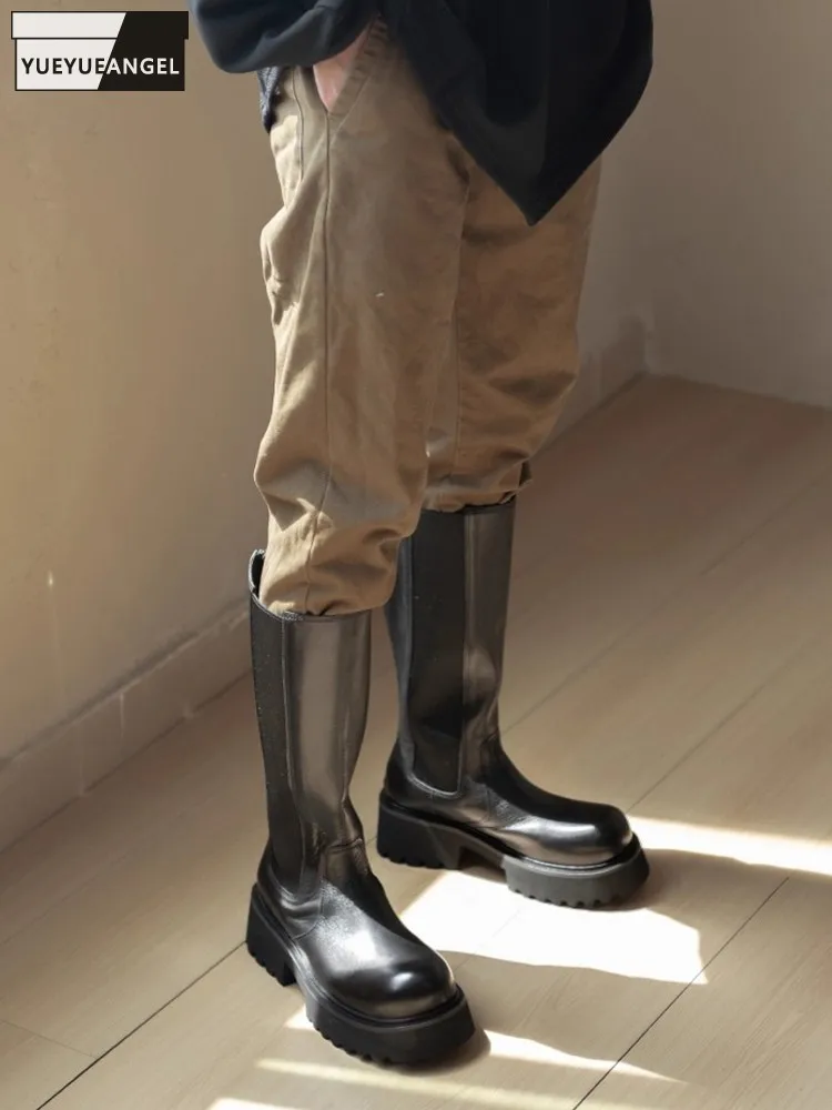 

Winter Comfortable Men Handmade Height Increasing Genuine Leather Black Knee High Chelsea Boots Wear Resistant Long Boots Shoes