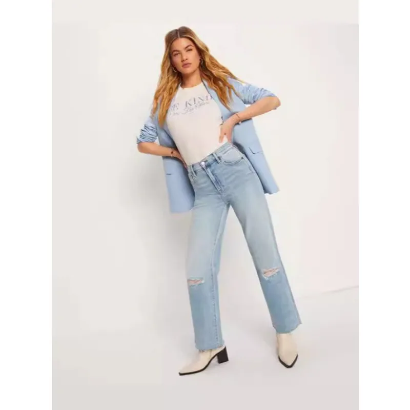 Woman Open Crotch Ripped Jeans Shorts Pants Hidden Zippers Blue Straight Ankle-Length Pants Crotchless Leggings Fit Trousers