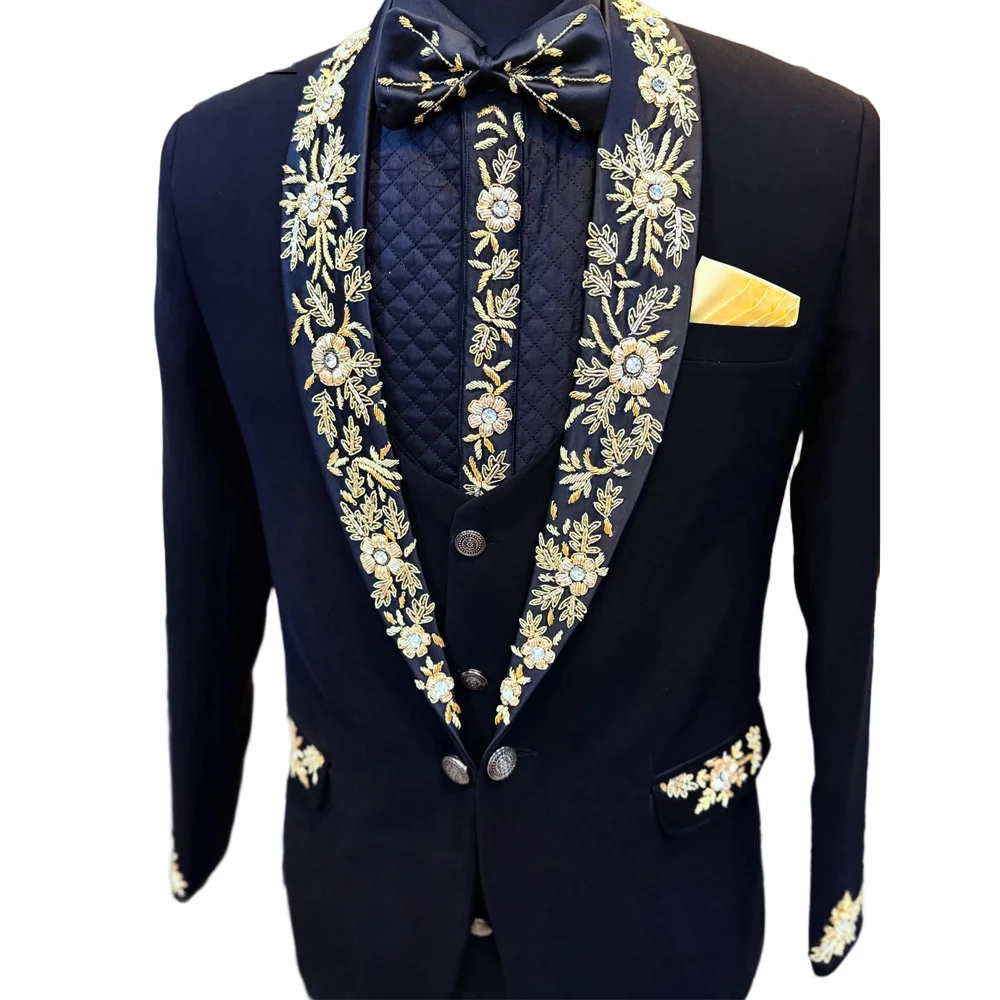 Black Men's Suit 2-Pieces Jacket And Pants Gold Appliques Business Slim Fit Man Suits Set For Wedding Evening Party