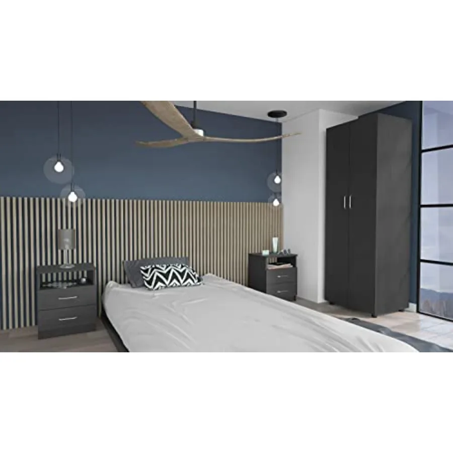 

3 Piece Bedroom Set with Wood Headboard: Modern Platform Bed and Wardrobe and Nightstand for Small Space - Easy Assembly Interl