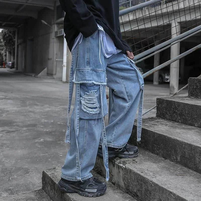 

Foufurieux Baggy Jeans Men Loose Straight Wide-leg Ribbon Pants Male High Street Retro Aesthetic Oversized Trousers Jeans Men