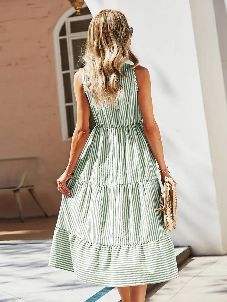 فستان بوهو صيفي للنساء بدون أكمام فستان قميص مخطط للعطلات غير رسمي فستان الشمس ملابس نسائية رداء فيستدوس #6