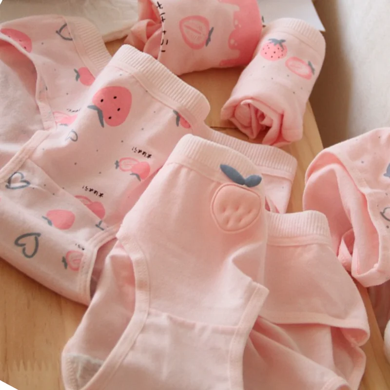 Pink Cute Peach Strawberry Women Panties Mid Waist Full Cotton Crotch Sweet Comfortable Breathable Teen Girl Briefs Underwear