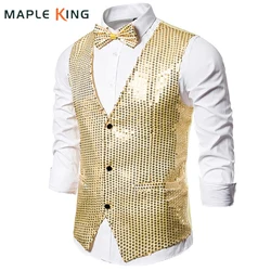 Sleeveless Vests for Men Paillette Homme Steampunk Shiny Gold Sequin 2 Pieces Mens Vest with Bowtie Party Stage Prom Waistcoat