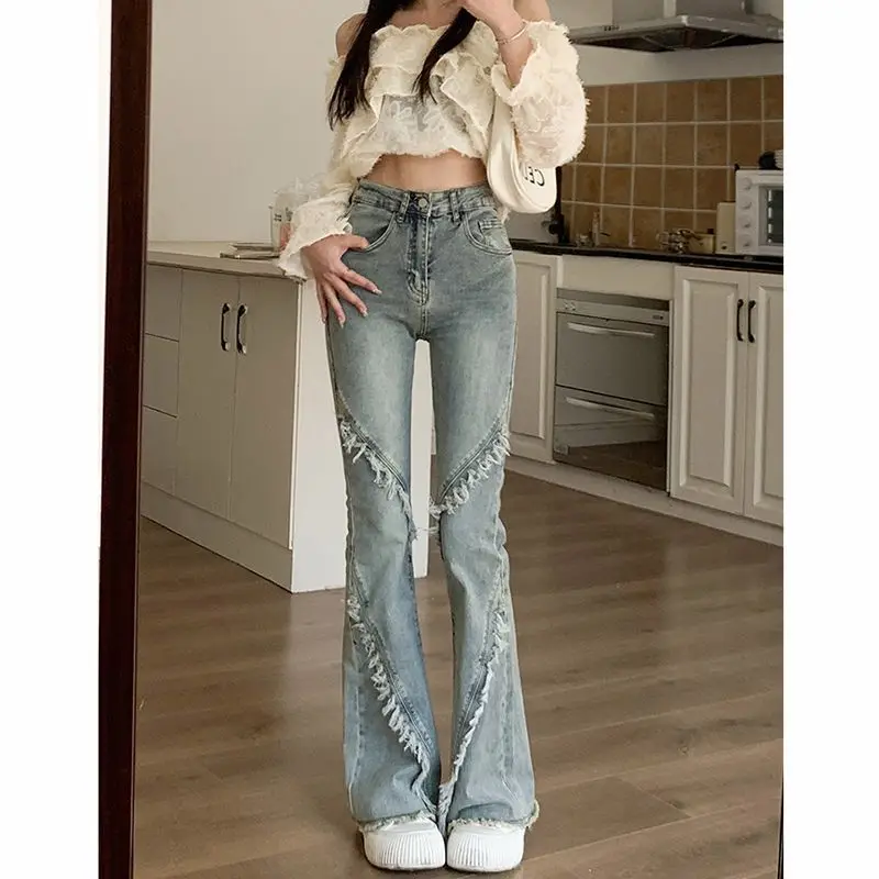 

Retro High Waist Bell Bot Jeans Women's Spring 2026 New American Sle Frayed Wide Leg Pants Casual Blue Cotton Blend