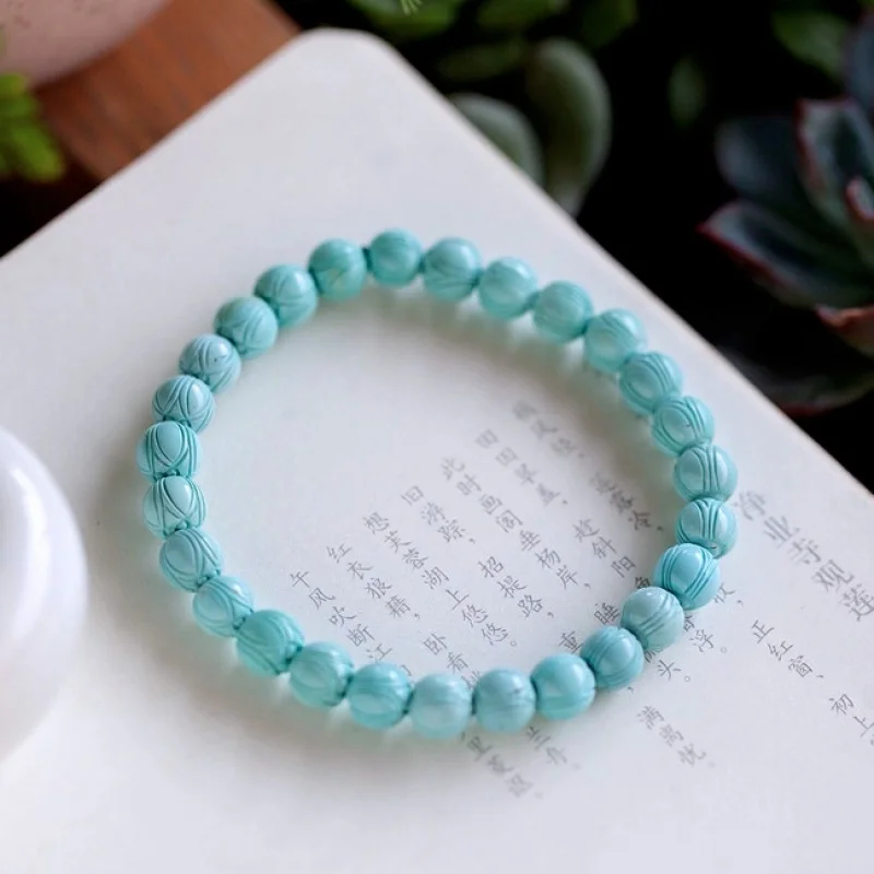 Raw Ore Hubei Natural Turquoise Pure Beaded Bracelet Carved Lotus High-End 8mm Thin 12.74G Women's