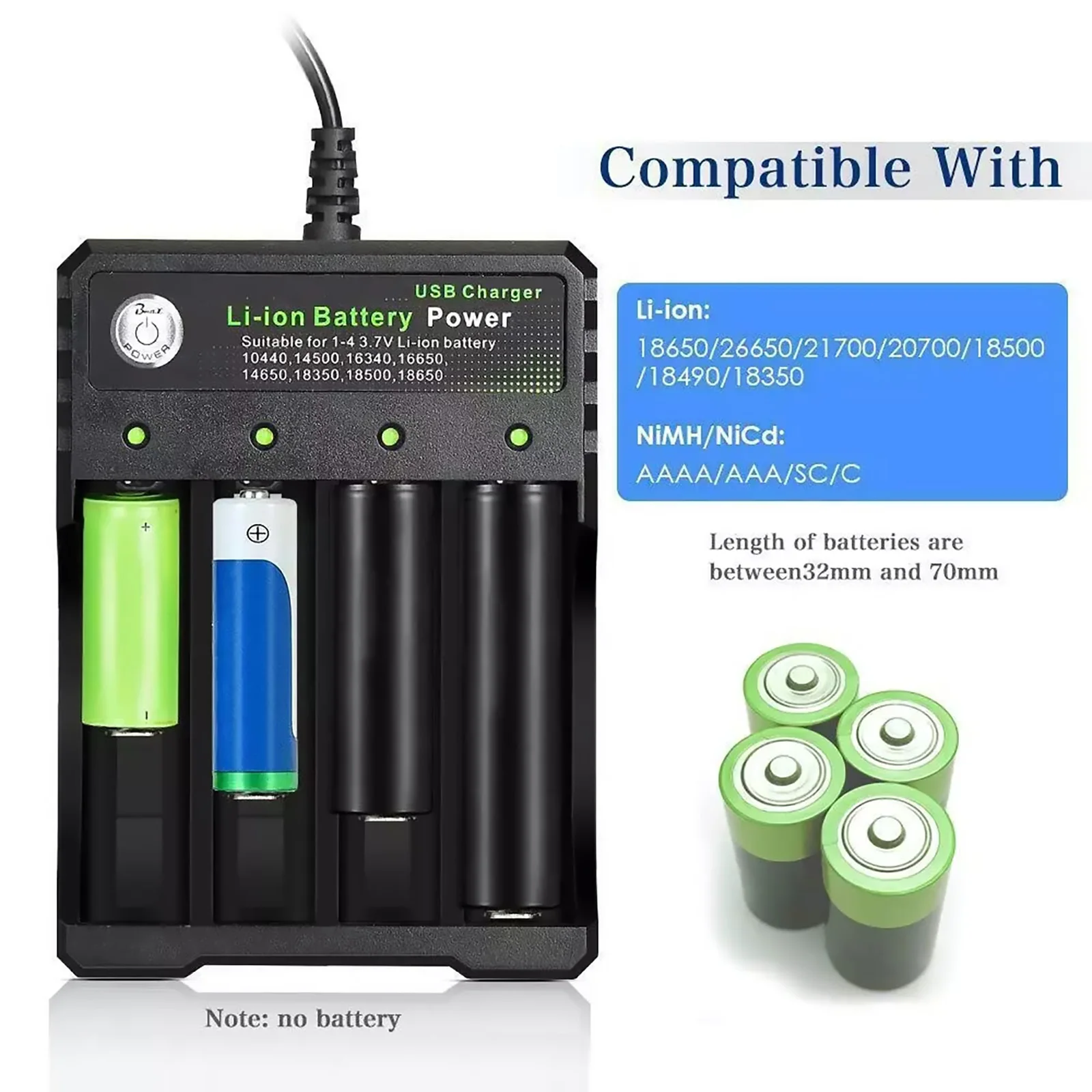 4 Slots 18650 Lithium Battery Charger With USB Cable For 18650 3.7V Rechargeable Multi-Slot Battery Charger With Indicator Light