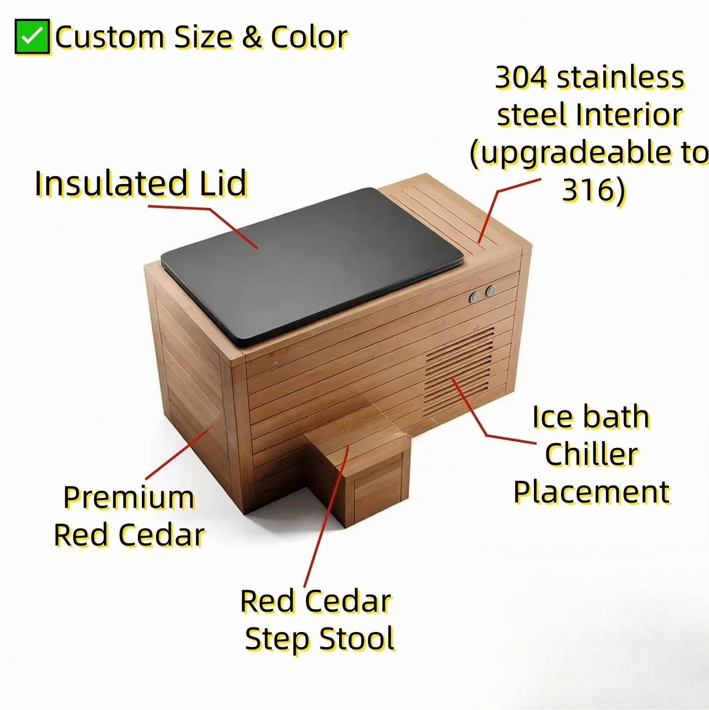 Resort-Grade Red Cedar & Stainless Steel, Self-Cooling Cold Plunge,Ozone Sanitation for Hotel Spa Amenities