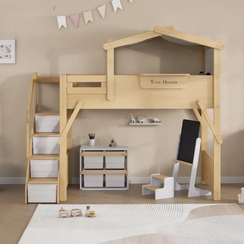 #Solid Wood Treehouse Bunk Bed Kids Loft Bed With Desk Modern High Sleeper Frame Children's Double Bed For Boys Girls Bedroom