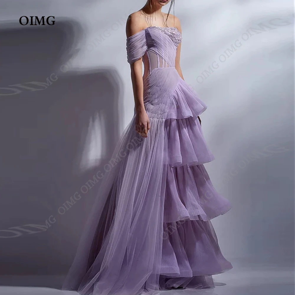 

OIMG Elegant Purple Tiered Long Prom Dresses One Shoulder Lace Custom Tulle Evening Gowns Formal Wedding Party Dress Arabic 2023