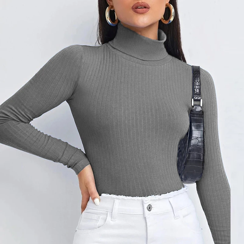 Autumn Long Sleeve Shirt Green Women Solid Slim Turtleneck Blouses For Women Sexy Cropped Tops Casual Short Shirt 2022