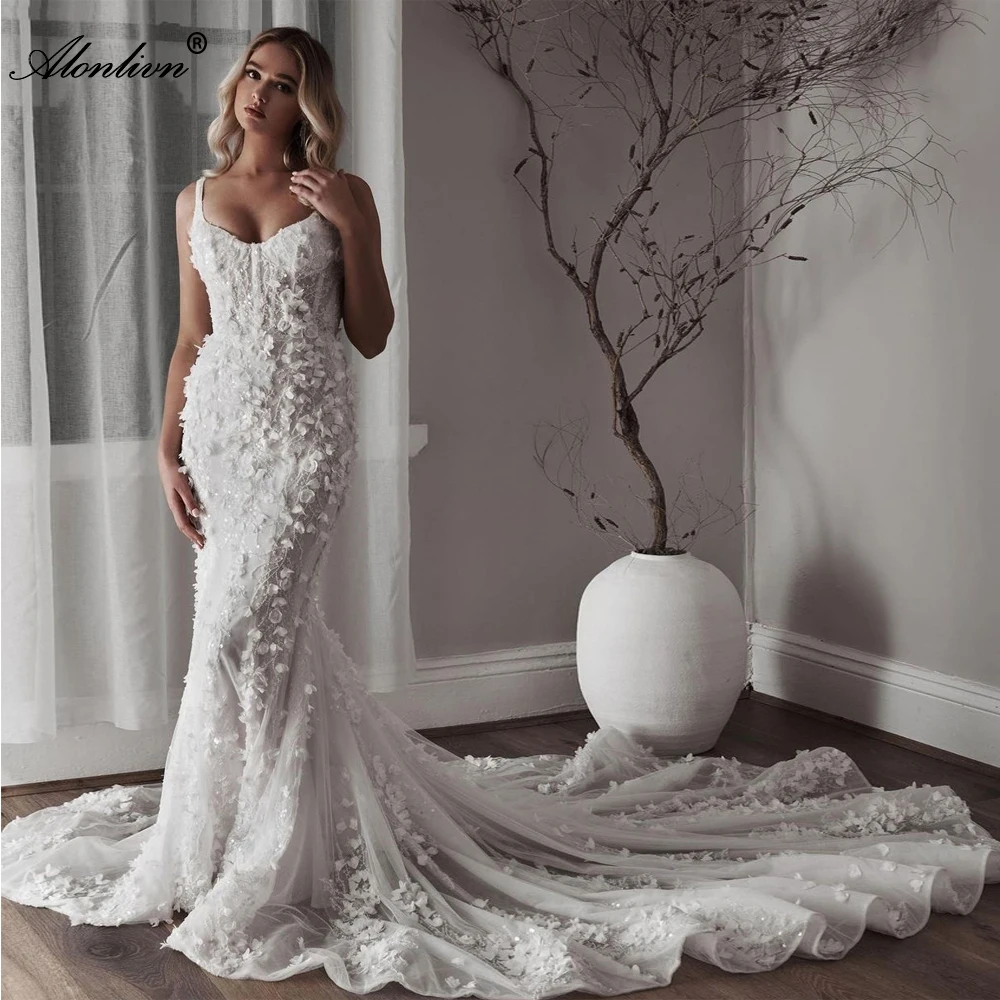 Alonlivn Customize Allover Heavy Bead Embroidery Lace Mermaid Wedding dresses Novias 3D Appliques Flowers Trumpet Bridal Dresses