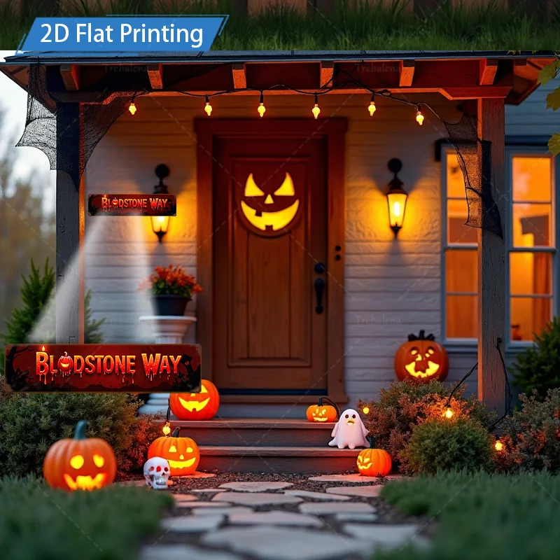 1pc 8x12inch Metal Sign Halloween Bloodstone Way Sign - Spooky Pumpkin Bat Decor for Haunted House Party