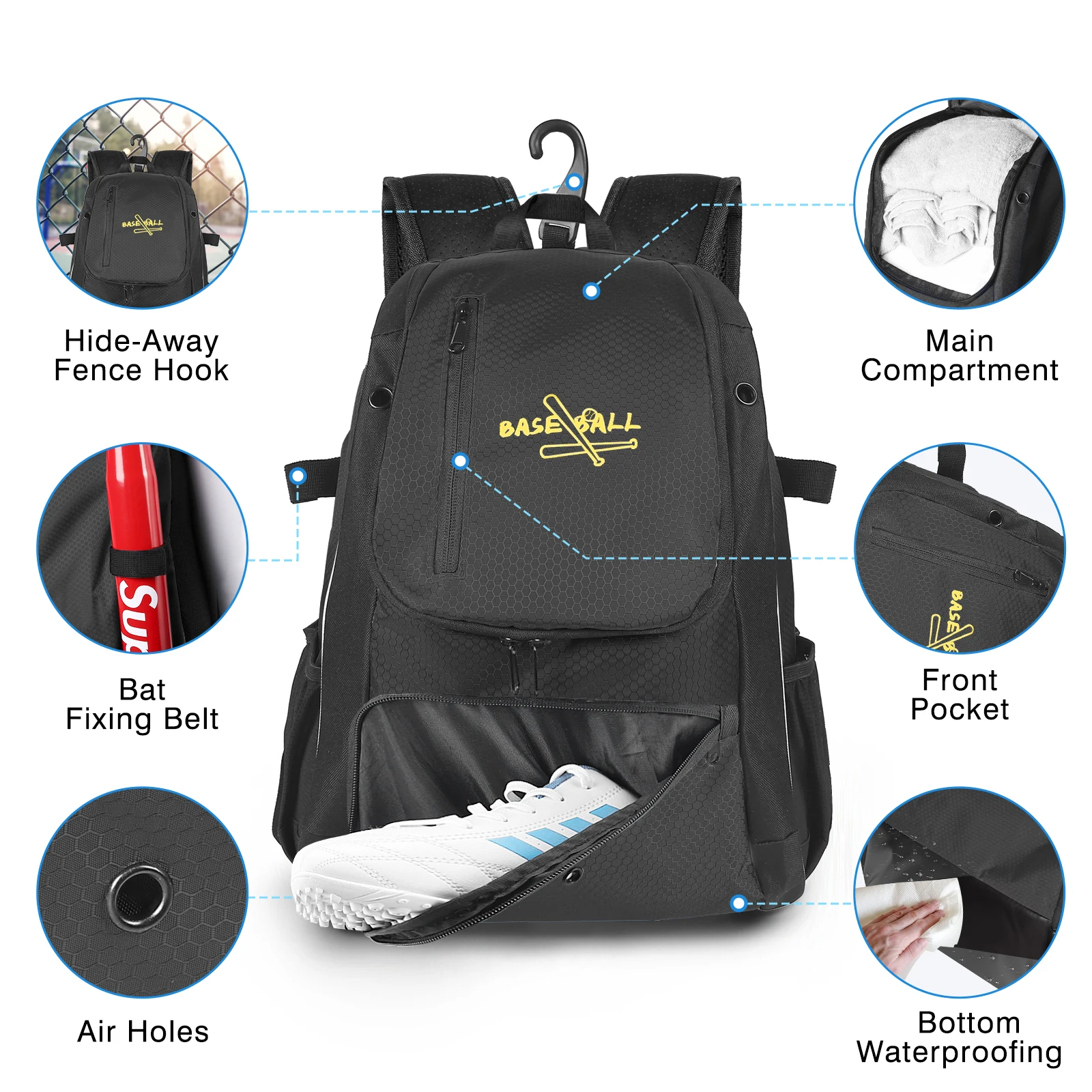 Baseball Bag Softball Bag Waterproof Backpack Bag Shoulder Sport Bag Youth Boy Girl Adult Fence Hook Ball Bat Batting Glove Gear